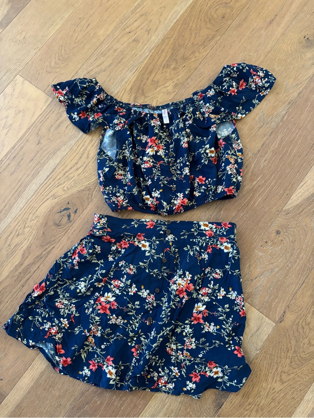 Navy Floral Off-Shoulder Skirt Set